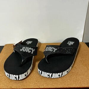 Juicy Couture J-Sandy Black Flip Flops Women’s 9M Embellished Silver 1” Heel